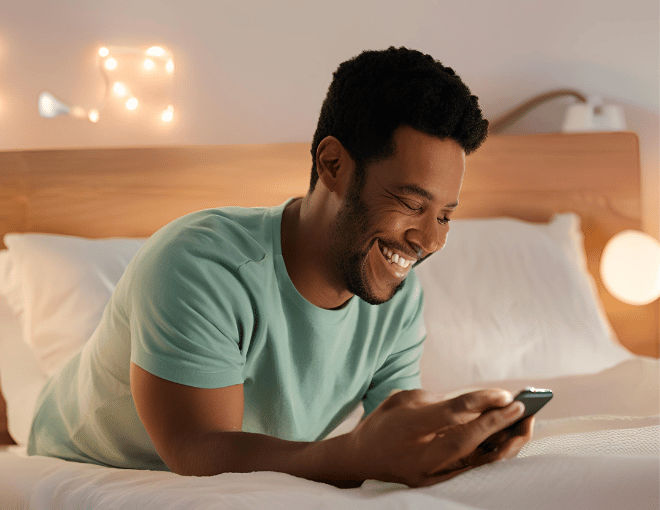 A man, lying on a cozy bed with soft pillows, grins with satisfaction while using his smartphone, gentle light from a bedside lamp.