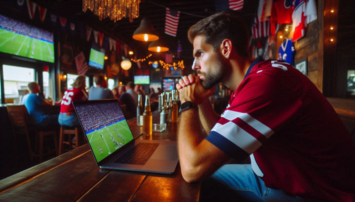 A sports fan, wearing team colors, intensely watches a game on a laptop inside a lively sports bar.