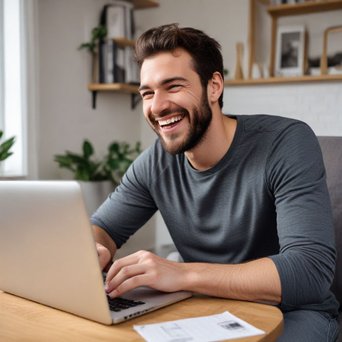 A man sitting at home with a laptop, smiling triumphantly as if he just won a game.