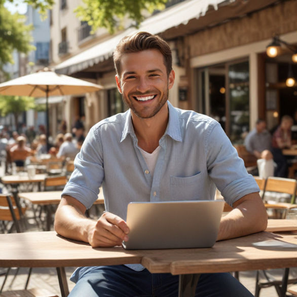 A man sitting at a café, using his laptop, smiling with joy as if he won a game.