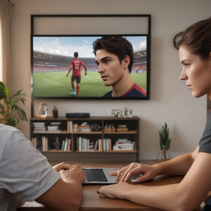 A focused shot of a person watching a live football match on a laptop while checking betting odds.