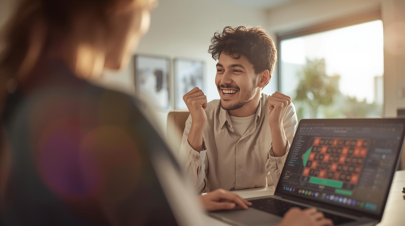 Global Momentum Behind No Limit Roulette Online and Its VIP Roulette Casino Appeal Happy player celebrates roulette win on laptop in bright modern home setting - Global Momentum Behind No Limit Roulette Online and Its VIP Roulette Casino Appeal