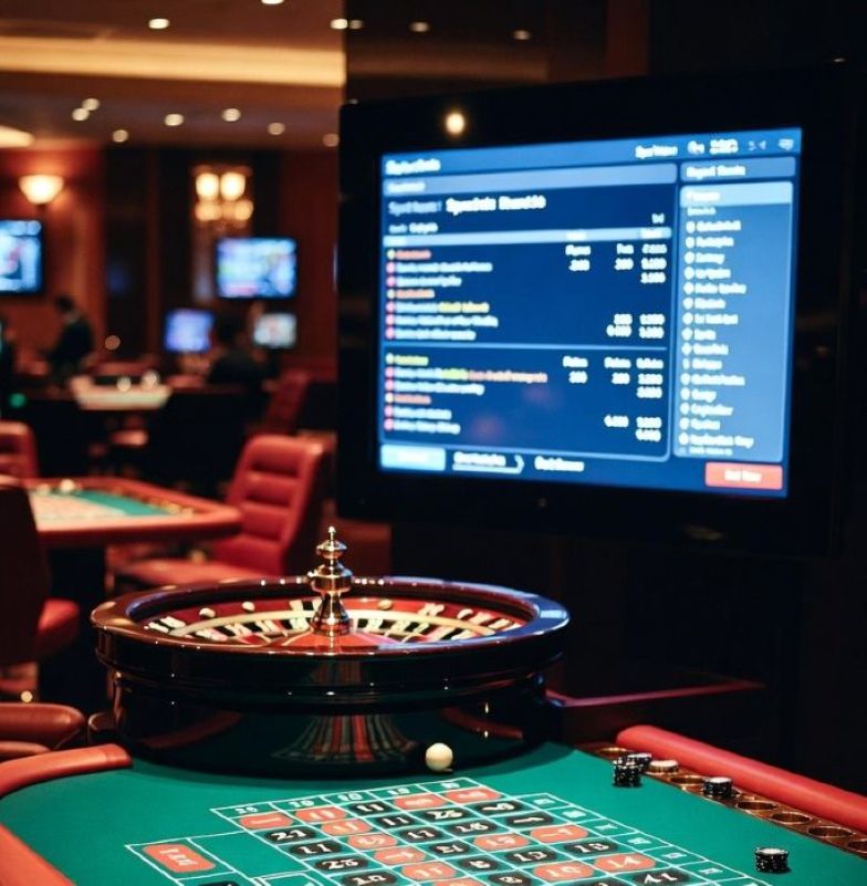 high end roulette table next to a sportsbook betting screen - VIP Roulette Casino And The Sports Betting Crossover: What Gambling Platforms Can Learn From Each Other